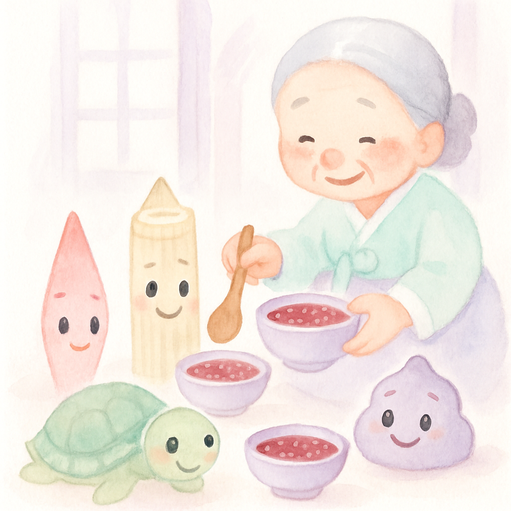 자라, 송곳, 멍석, 쇠똥이 차례로 할머니를 찾아와 팥죽을 받는 장면